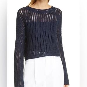 Vince - Open-Knit Crocheted Crewneck Sweater, Navy Blue, 100% Cotton, size XS